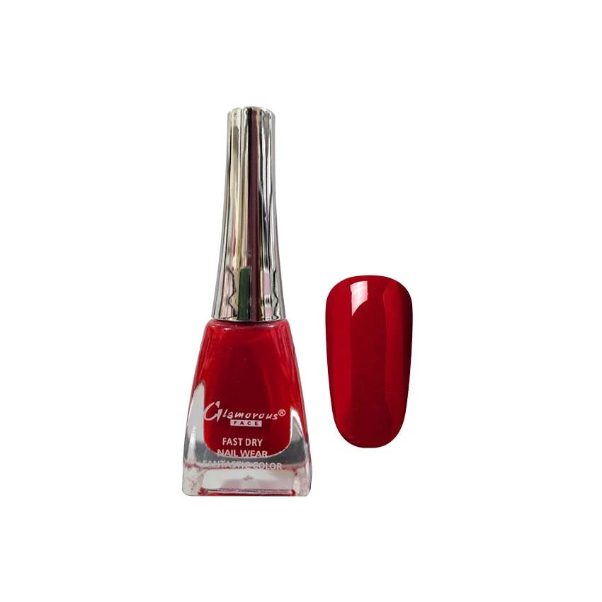 Red nail polish bottle with a matching color swatch on a white background