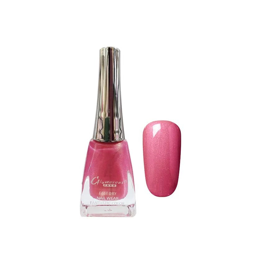 Pink nail polish bottle with a matching nail swatch on a white background