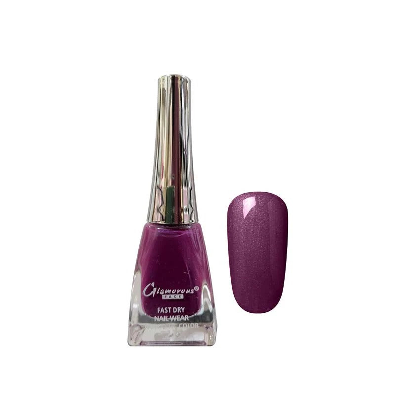 Purple nail polish bottle with a matching nail swatch on a white background