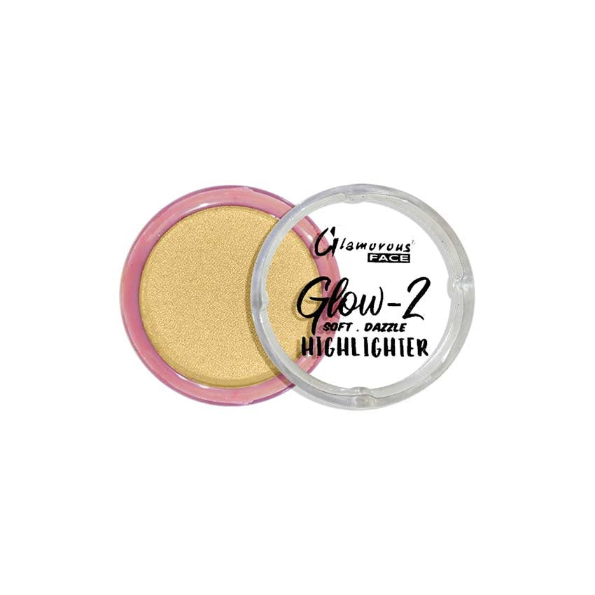 Glow-2 highlighter with gold shade and 'Glamorous Face' branding on a white background