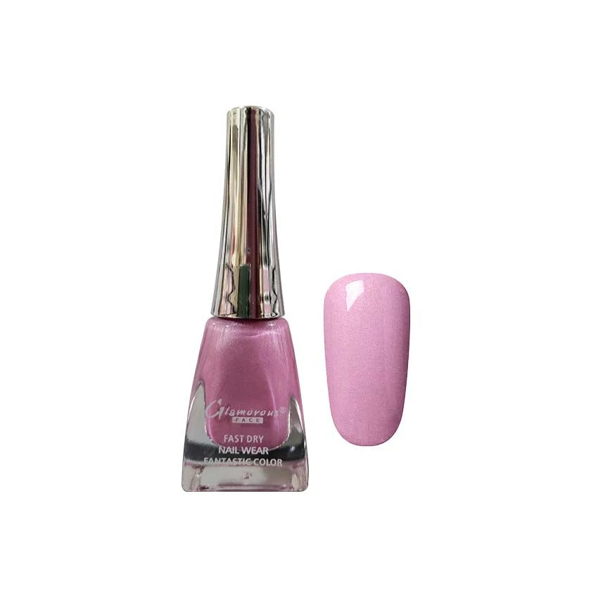 Pink nail polish bottle with a matching nail swatch on a white background
