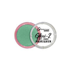 Glow-2 highlighter with green powder in a pink container on a white background