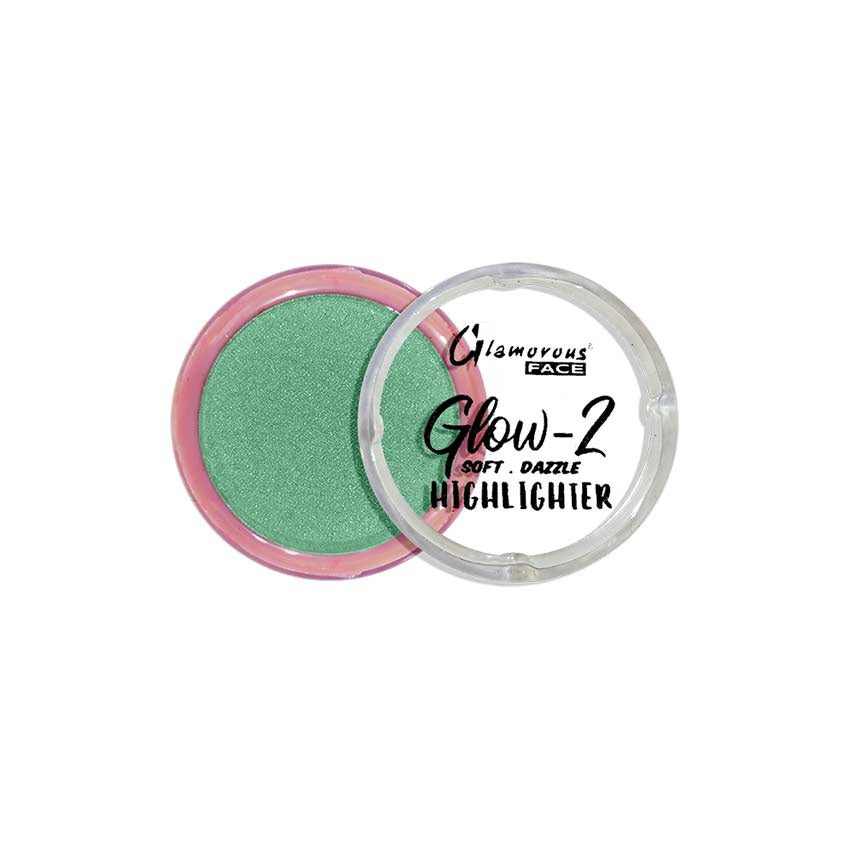 Glow-2 highlighter with green powder in a pink container on a white background