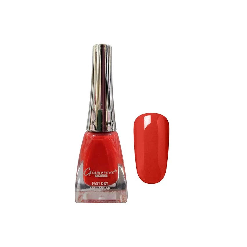 Red nail polish bottle with a matching color swatch on a white background