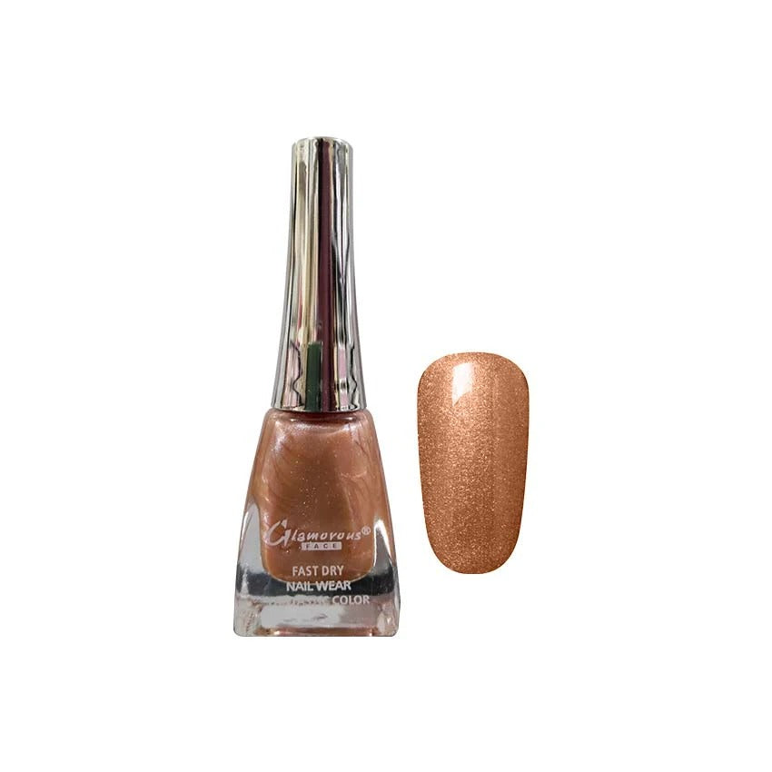 Glamorous Gold nail polish bottle with a matching gold color swatch on a white background