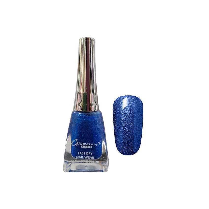 Blue nail polish bottle with a matching nail swatch on a white background