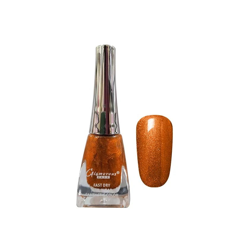 Orange glitter nail polish with a matching color swatch on a white background