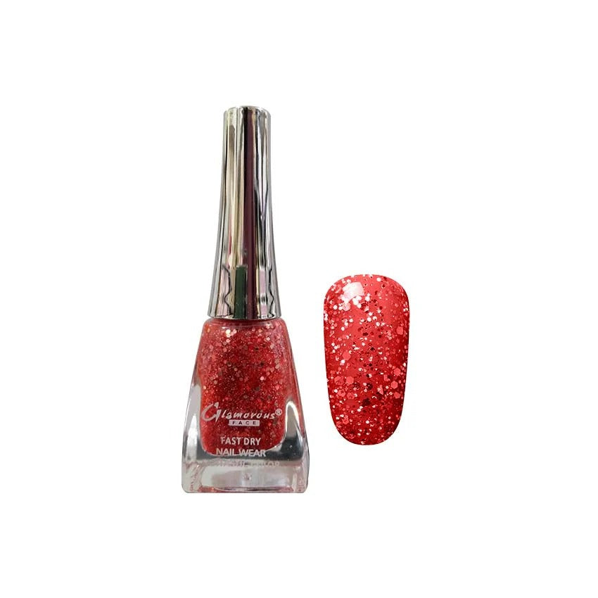 Red glitter nail polish bottle with a matching nail swatch on a white background