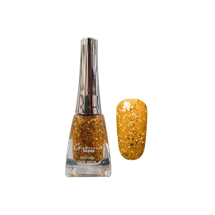 Gold glitter nail polish bottle with a matching nail swatch on a white background