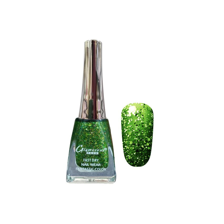 Green glitter nail polish bottle with a matching color swatch on a white background