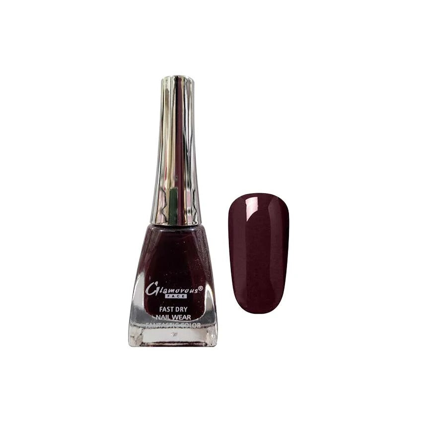 Nail polish bottle with a dark red color swatch on a white background