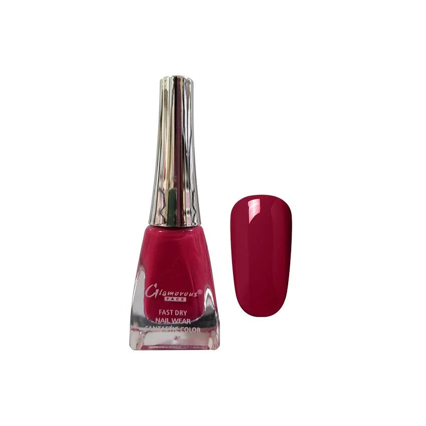 Red nail polish bottle with a matching color swatch on a white background