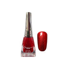 Red nail polish bottle with a matching glittery red nail sample on a white background