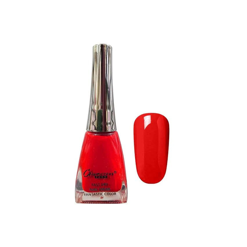 Red nail polish bottle with a matching nail swatch on a white background