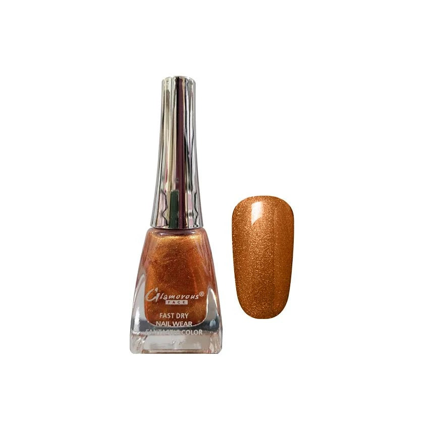 Glamorous Gold nail polish bottle with a matching gold color swatch on a white background