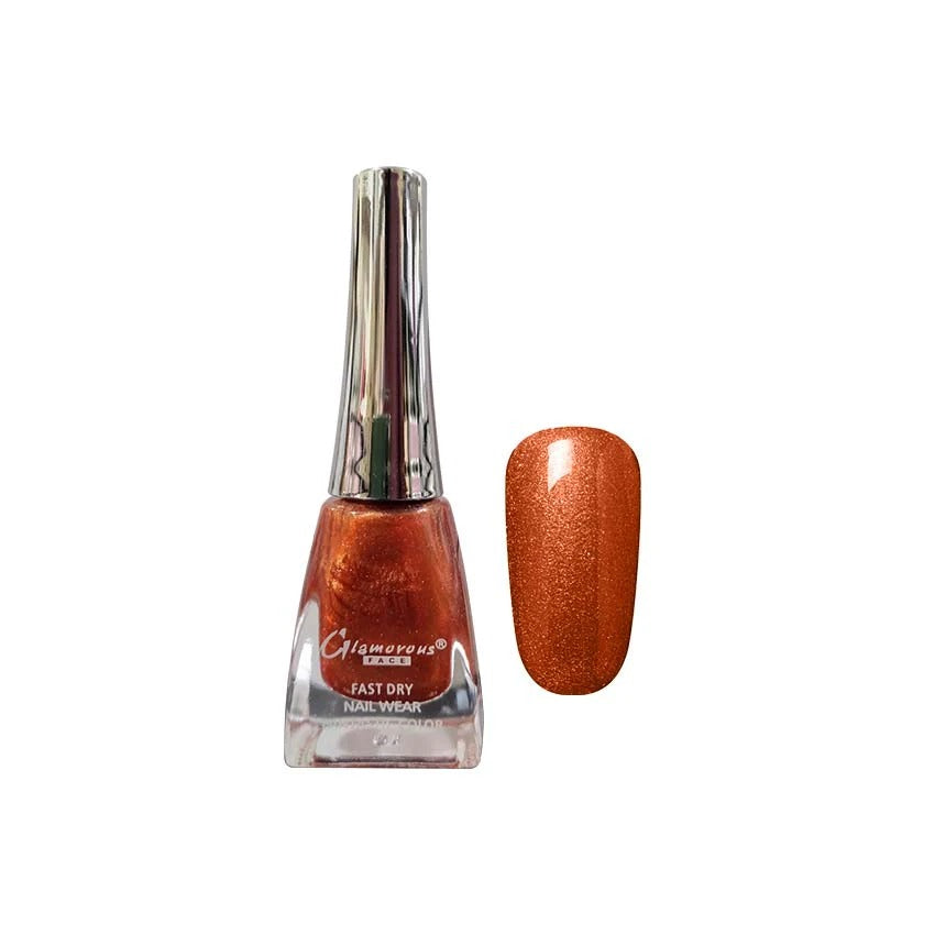 Glamorous brand nail polish bottle with a metallic orange color on a white background