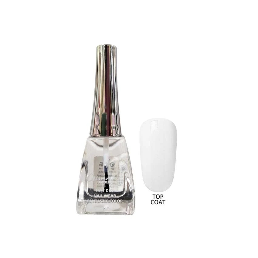 Nail polish bottle with a white top coat on a white background