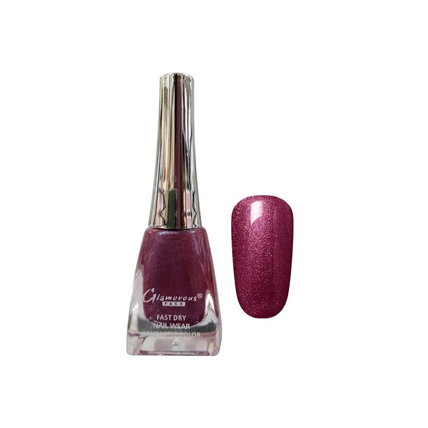 Nail polish bottle with a purple glittery nail color on a white background