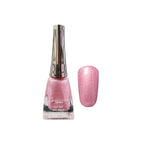 Pink glitter nail polish with a matching swatch on a white background