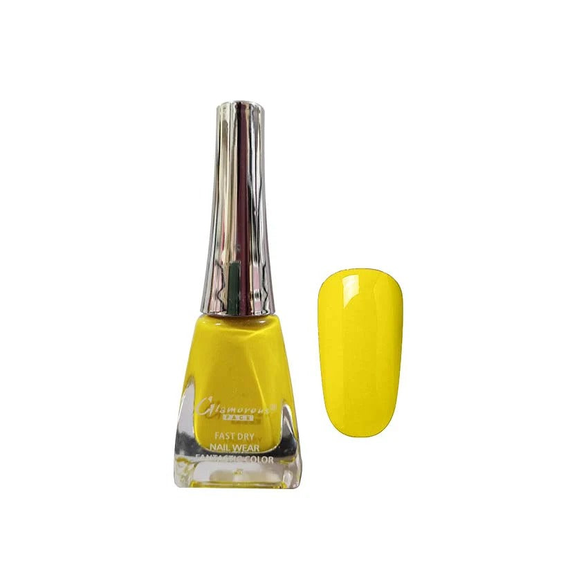 Yellow nail polish bottle with a matching yellow nail chip on a white background