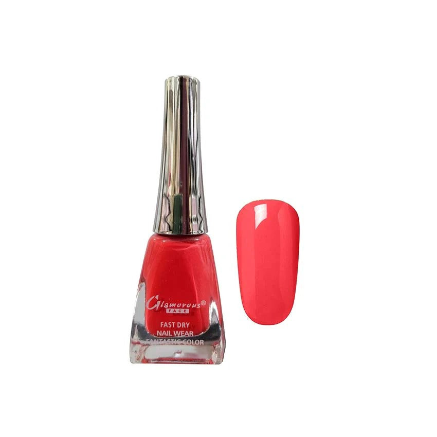 Red nail polish bottle with a matching color swatch on a white background