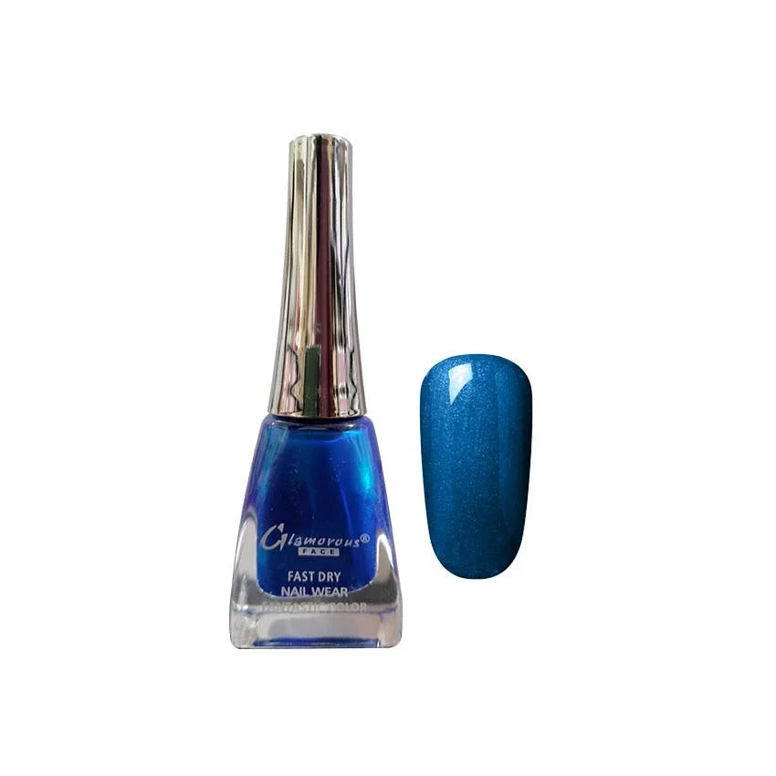 Blue nail polish bottle with a matching nail swatch on a white background