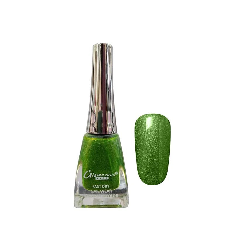 Green nail polish bottle with a matching green color swatch on a white background