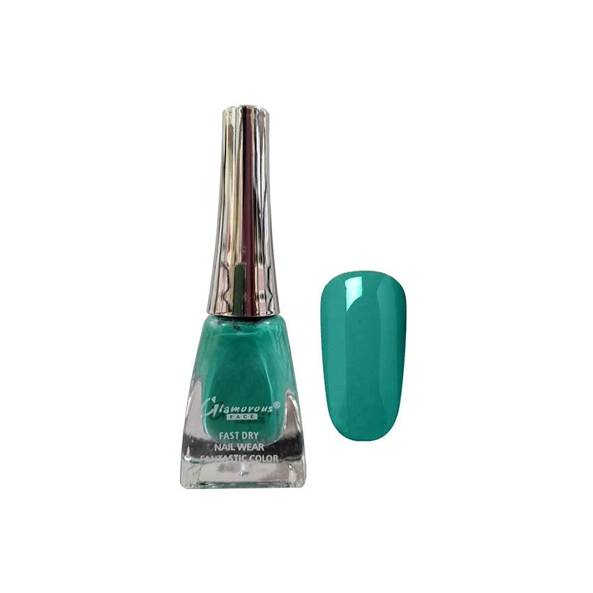 Green nail polish bottle with a matching color swatch on a white background