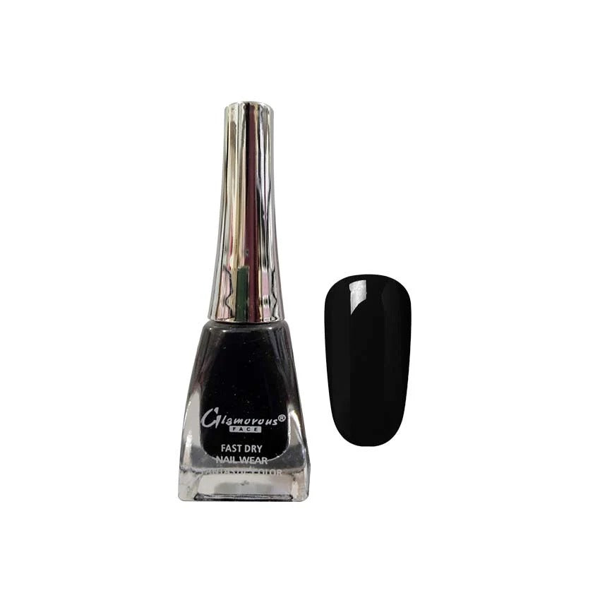 Black nail polish bottle with a matching nail sample on a white background