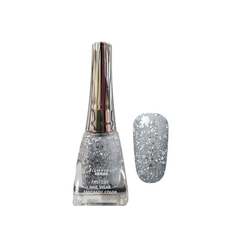 Nail polish bottle with glittery silver nail color on a white background