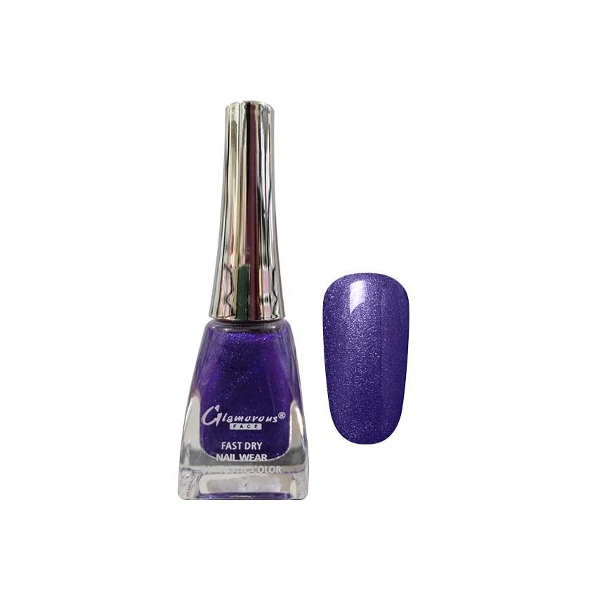 Purple nail polish bottle with a matching nail swatch on a white background