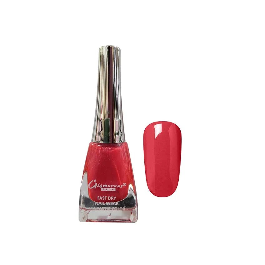 Red nail polish bottle with a matching color swatch on a white background