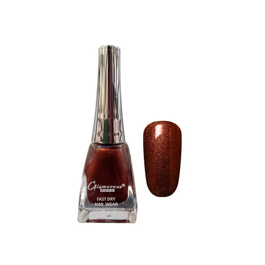Glamorous fast dry nail wear bottle with a sample of bronze glittery nail polish on a white background