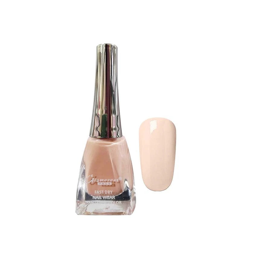 Nail polish bottle with a beige nail sample on a white background