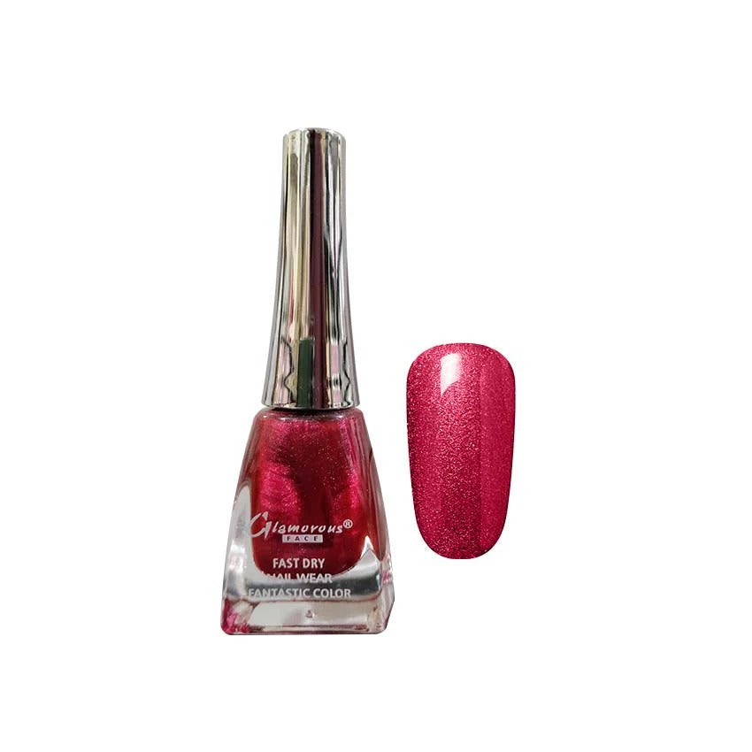 Glamorous nail polish bottle with a pink glittery nail sample on a white background