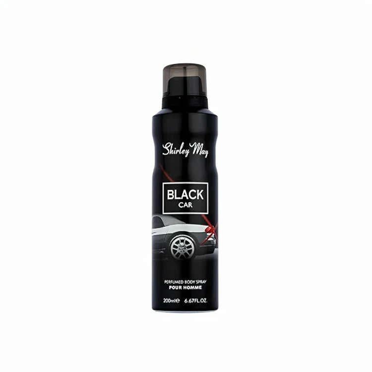 Black car perfume spray bottle with 'Shirley May' branding on a white background