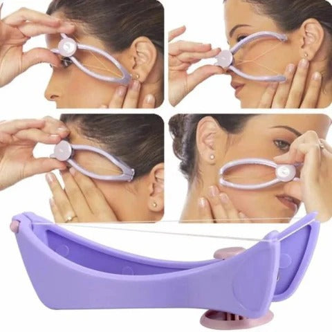 Collage of a woman using a purple Sildne Face And Body Hair Threading System on her face with close-up shots.