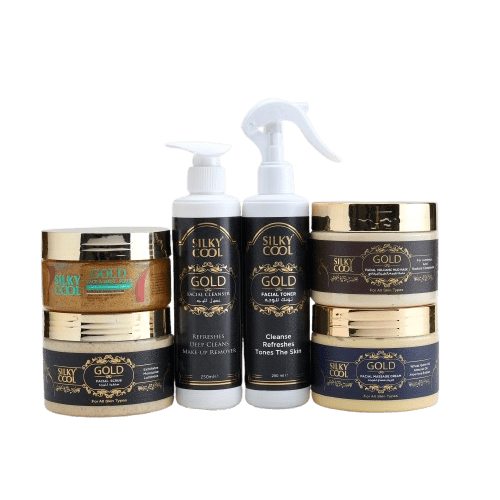 Silky Cool Gold hair care product set on a white background