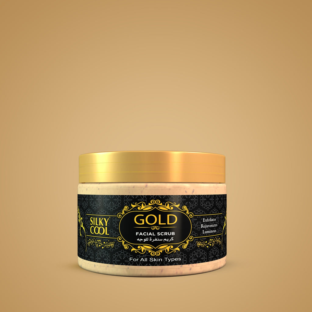 Jar of Silky Cool Gold Facial Scrub on a beige background