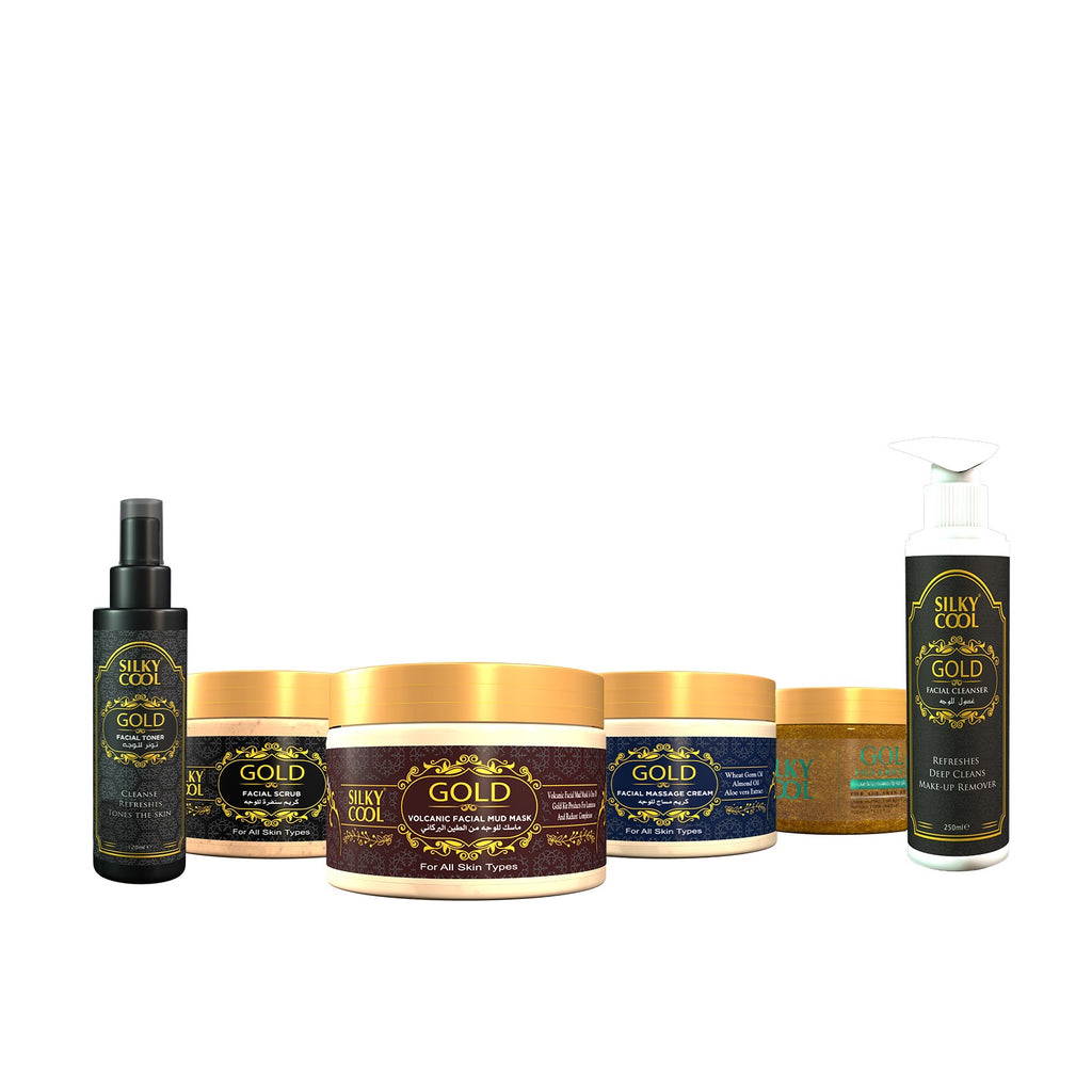 Silky Gold hair care product set on a white background