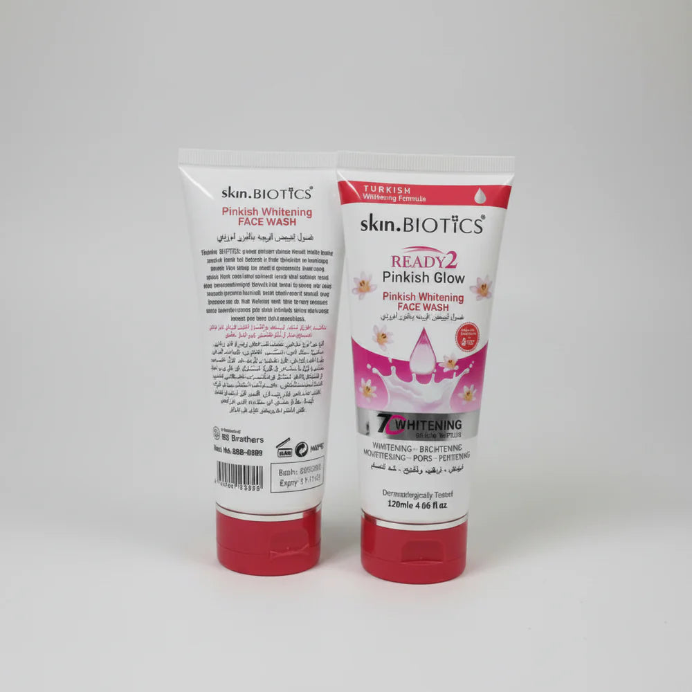 Two tubes of skinBiotics Ready2 Pink Glow face wash on a white background