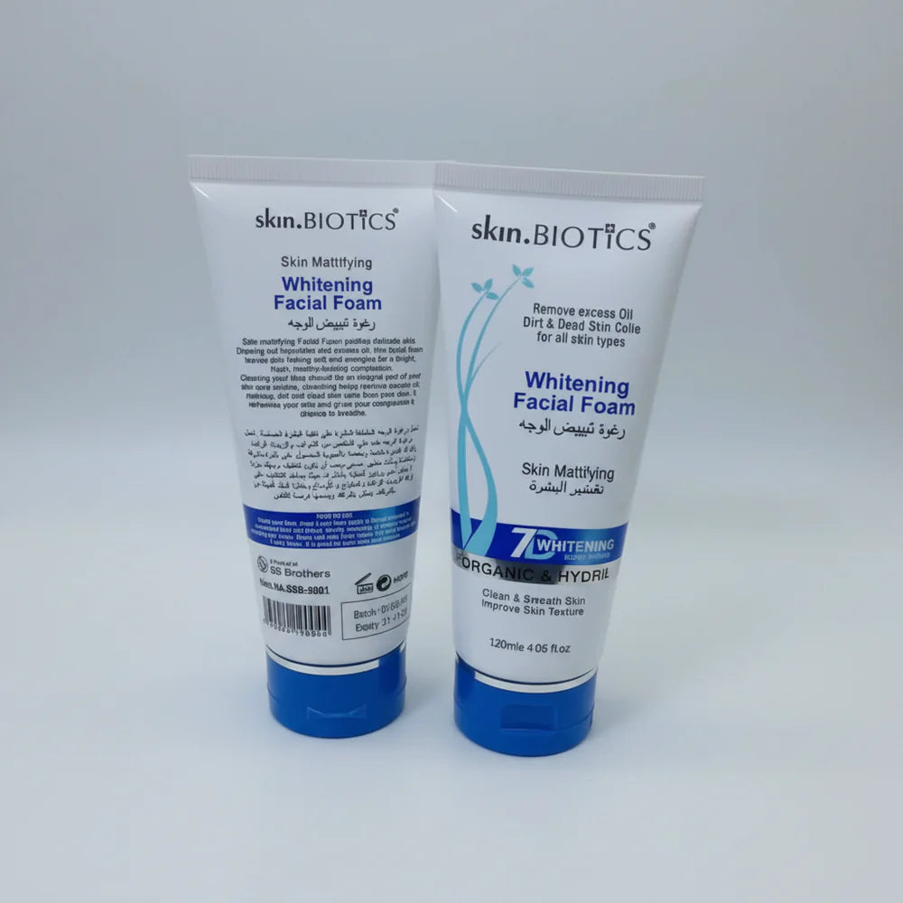 Two tubes of skinBIOTICS Whitening Facial Foam on a white background