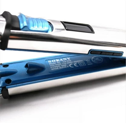 Blue and silver Sokany hair straightener on a white background