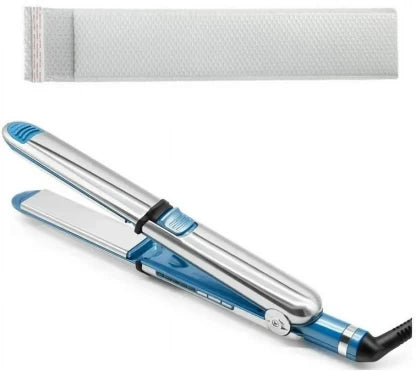 Blue and silver hair straightener on a white background