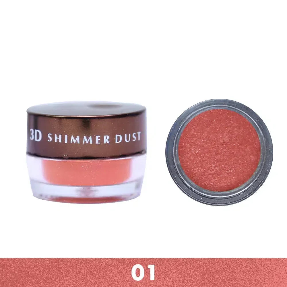 3D Shimmer Dust makeup product with close-up of color on a white background