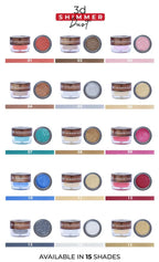 Color swatches of 3D Shimmer Dust with a color chart and 'Available in 15 Shades' text.