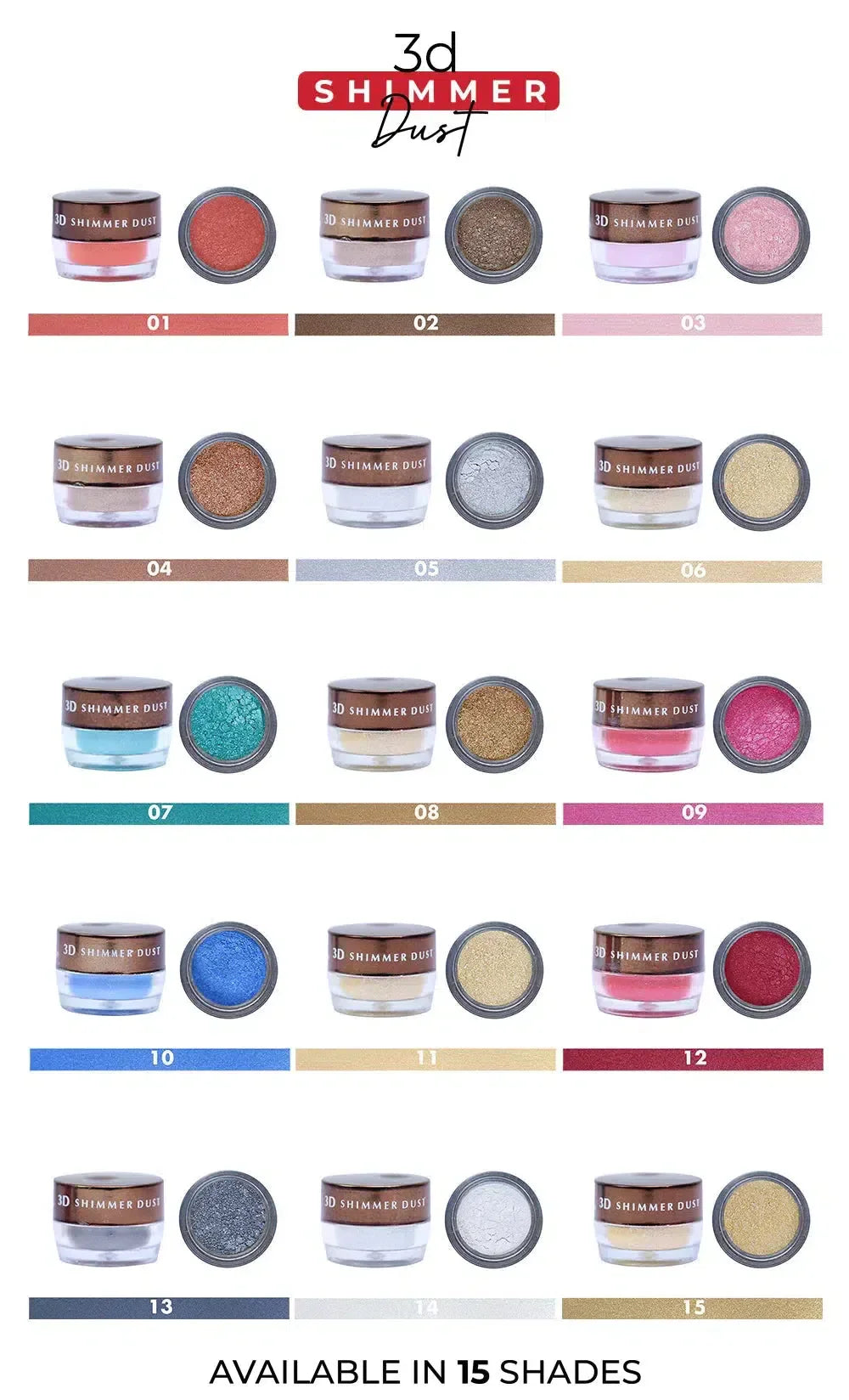 Color swatches of 3D Shimmer Dust with a color chart and 'Available in 15 Shades' text.