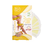 Body wax strips packaging with a person's legs and almond and honey ingredients on a white background