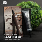 Lash glue products with packaging and application tools on a dark background
