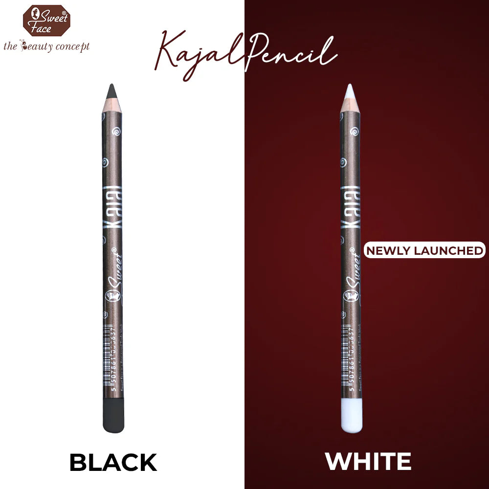 Two kajal pencils, one black and one white, on a white and red background with 'Q Sweet Face' branding.